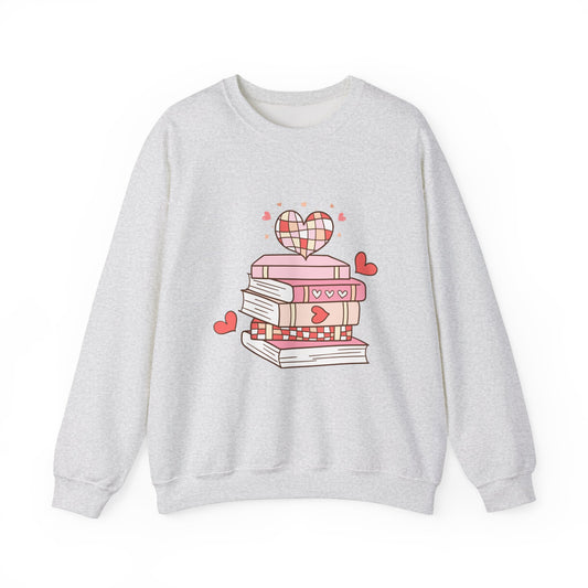 Cozy Book Lover Crewneck Sweatshirt - Heart Stack Design