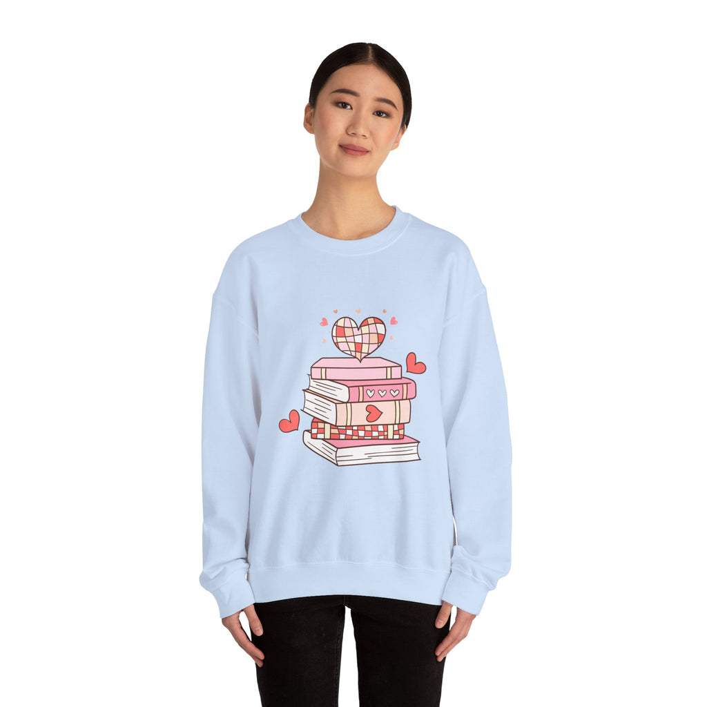 Cozy Book Lover Crewneck Sweatshirt - Heart Stack Design